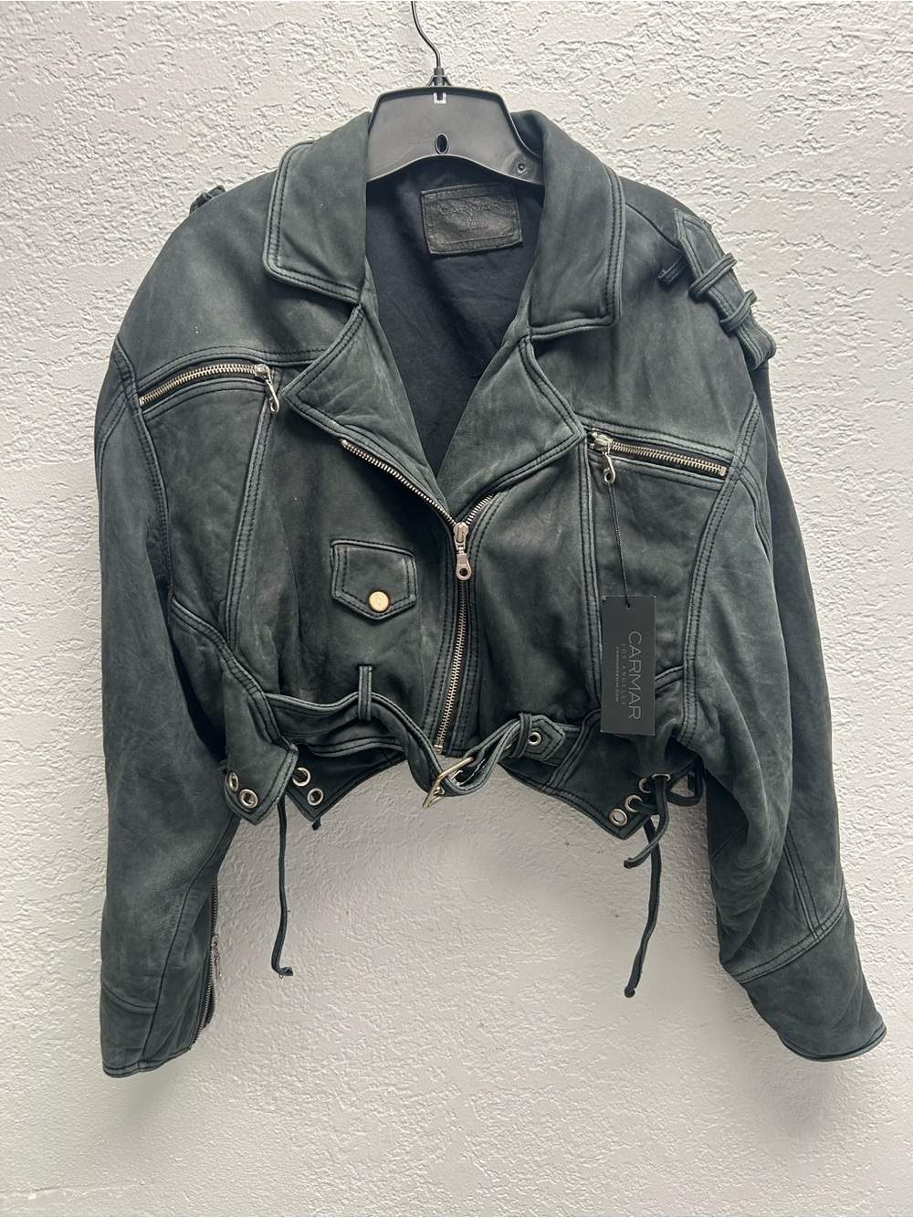Carmar Black Cropped Leather Moto Jacket with Buckle Waist